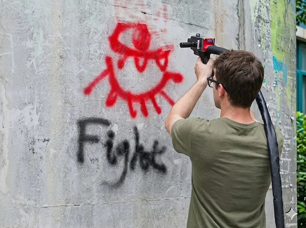 Laser removing graffiti from wall surface